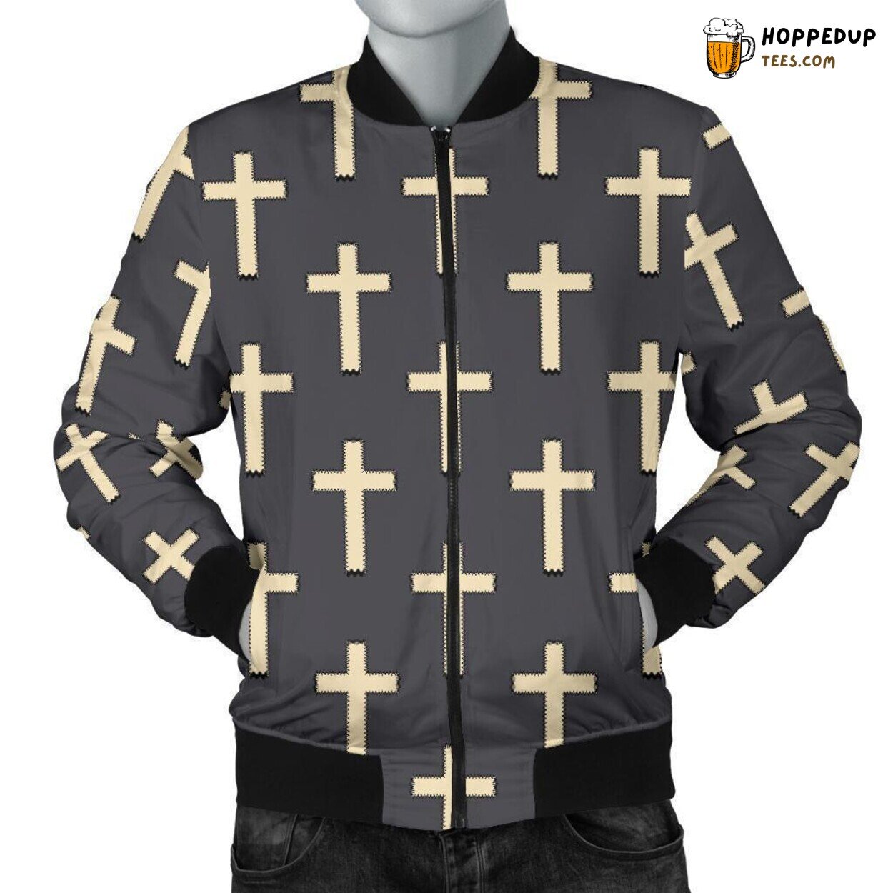 Men’s Bomber Jacket Displaying Sacred Christian Cross Unique Pattern Essence