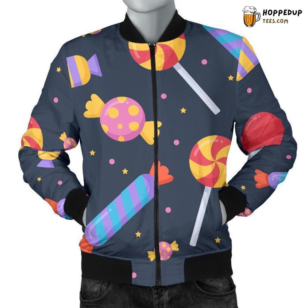 Men’s Bomber Jacket Displaying Sweet Candy Delight Unique Pattern Design Art