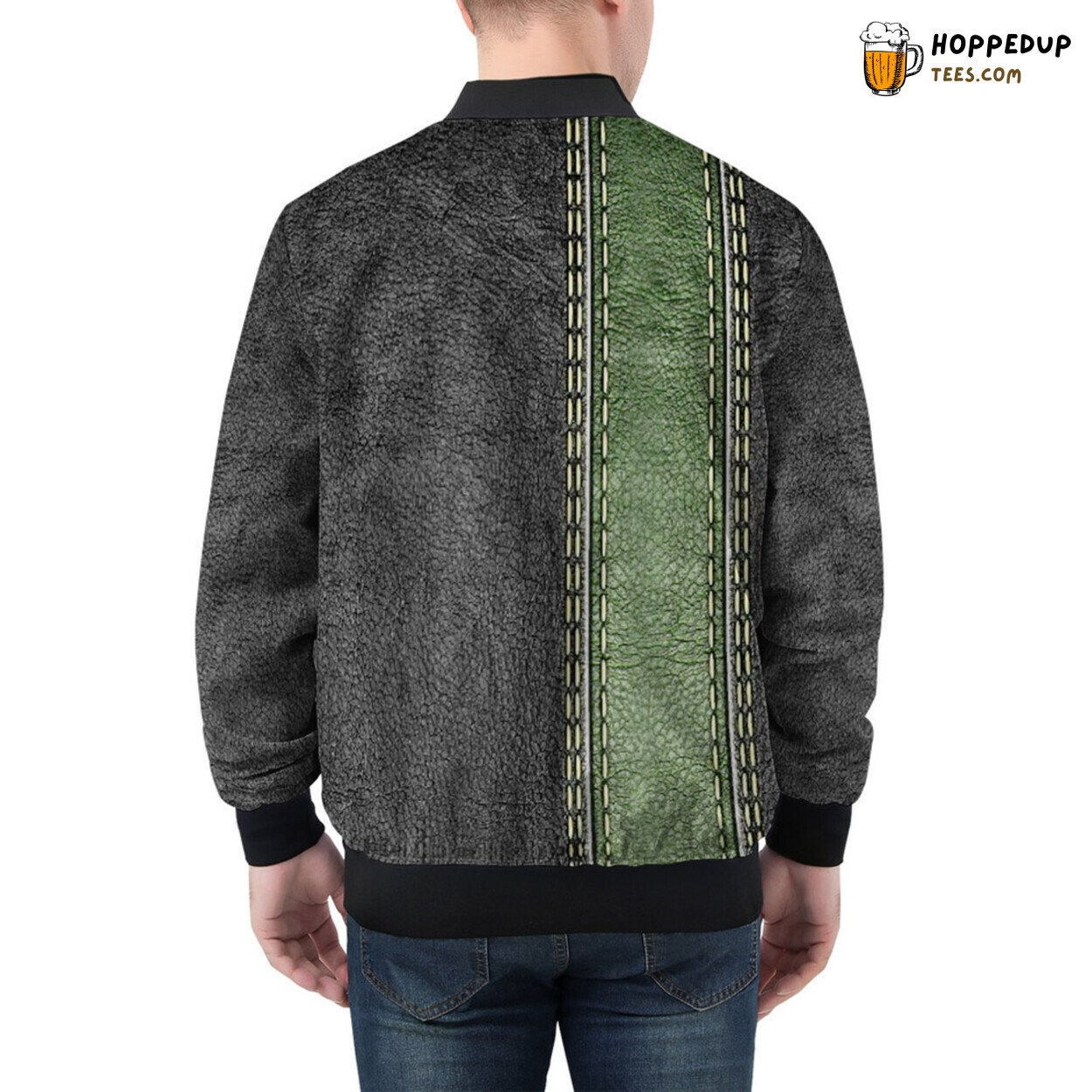 Men’s Bomber Jacket Dons Leather Texture Highlighted by Green Stripe