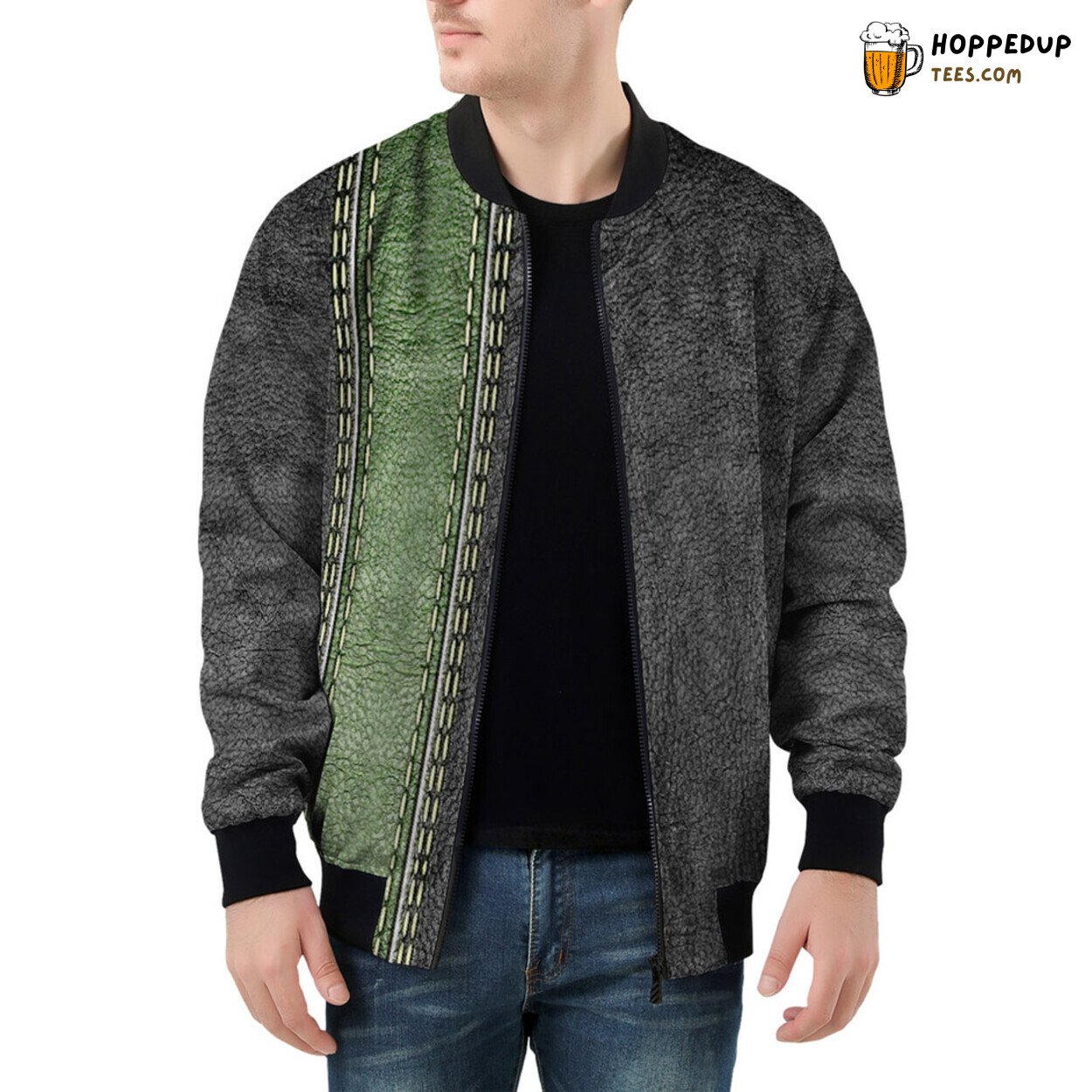 Men’s Bomber Jacket Dons Leather Texture Highlighted by Green Stripe