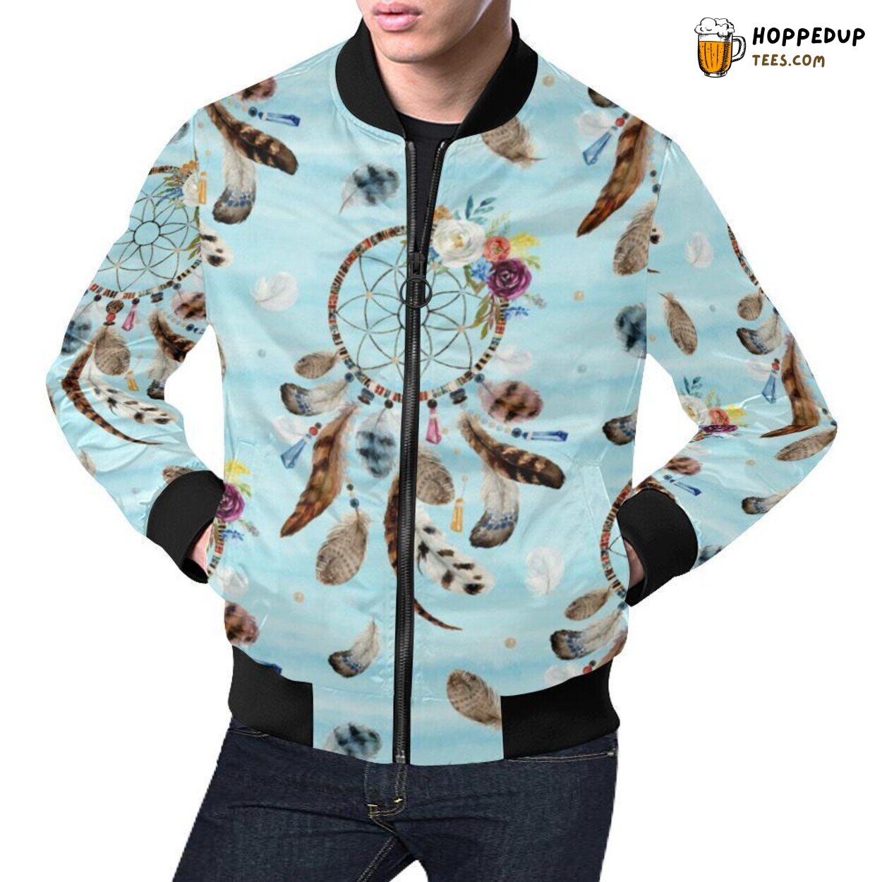 Men’s Bomber Jacket Dream Catcher Blue Feather Signature Pattern Print Men’s Bomber Jacket Dream Catcher Blue Feather Signature Pattern Print