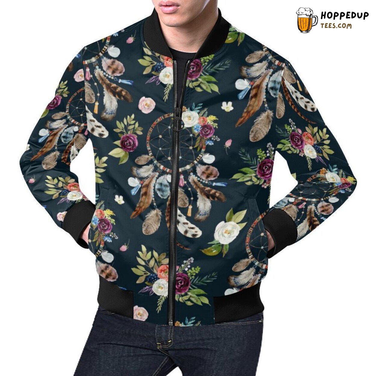 Men’s Bomber Jacket Dream Catcher Boho Feather Exclusive Pattern Print Men’s Bomber Jacket Dream Catcher Boho Feather Exclusive Pattern Print