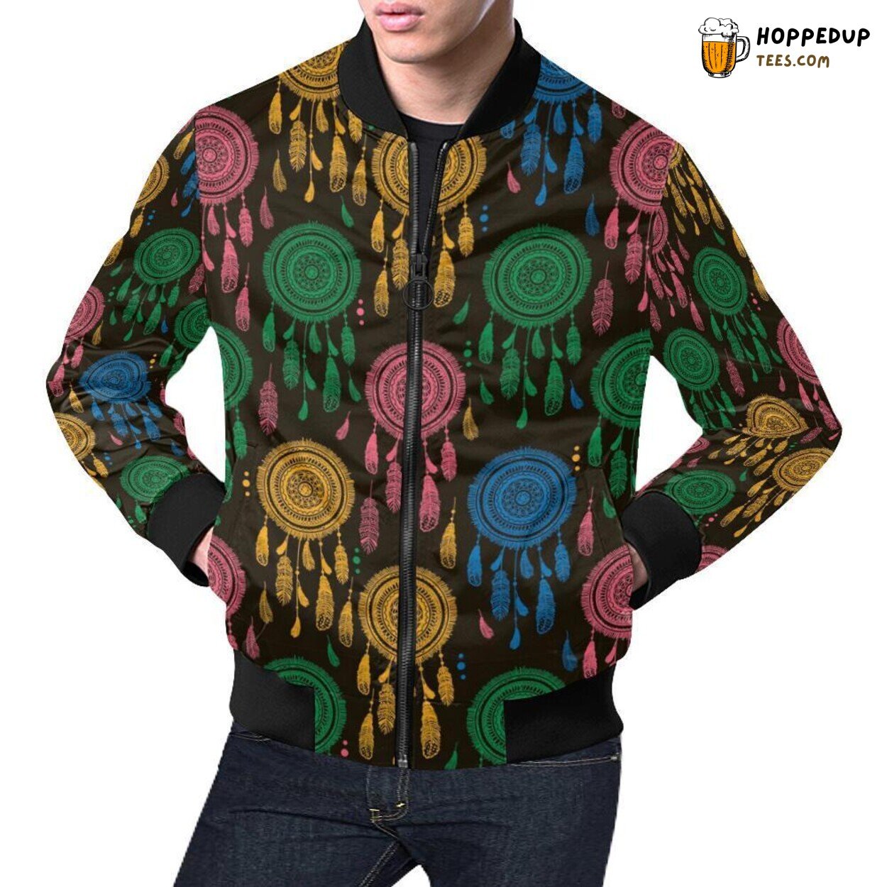 Men’s Bomber Jacket Dream Catcher Colorful Feather Special Pattern Print Men’s Bomber Jacket Dream Catcher Colorful Feather Special Pattern Print