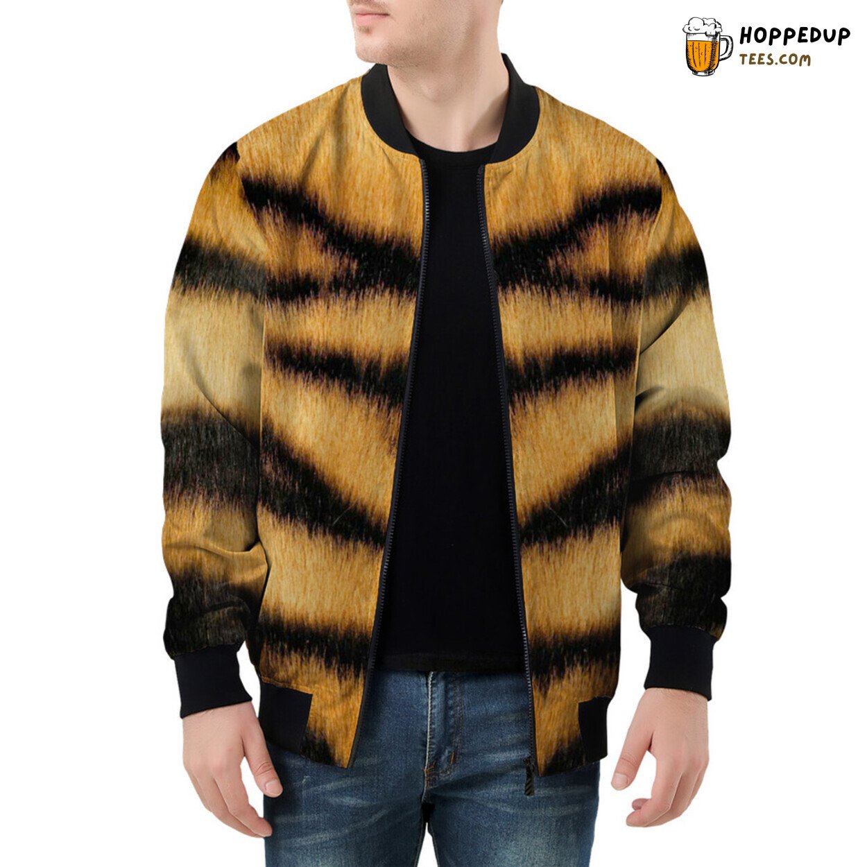 Men’s Bomber Jacket Echoes Jungle Majesty in Tiger Stripe Print
