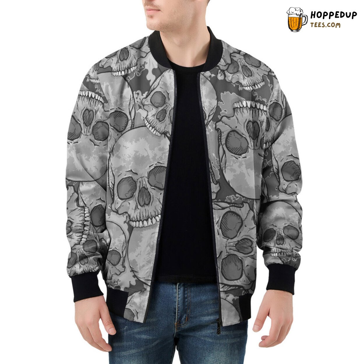 Men’s Bomber Jacket Echoes the Enigmatic Camouflage of Gray Skulls