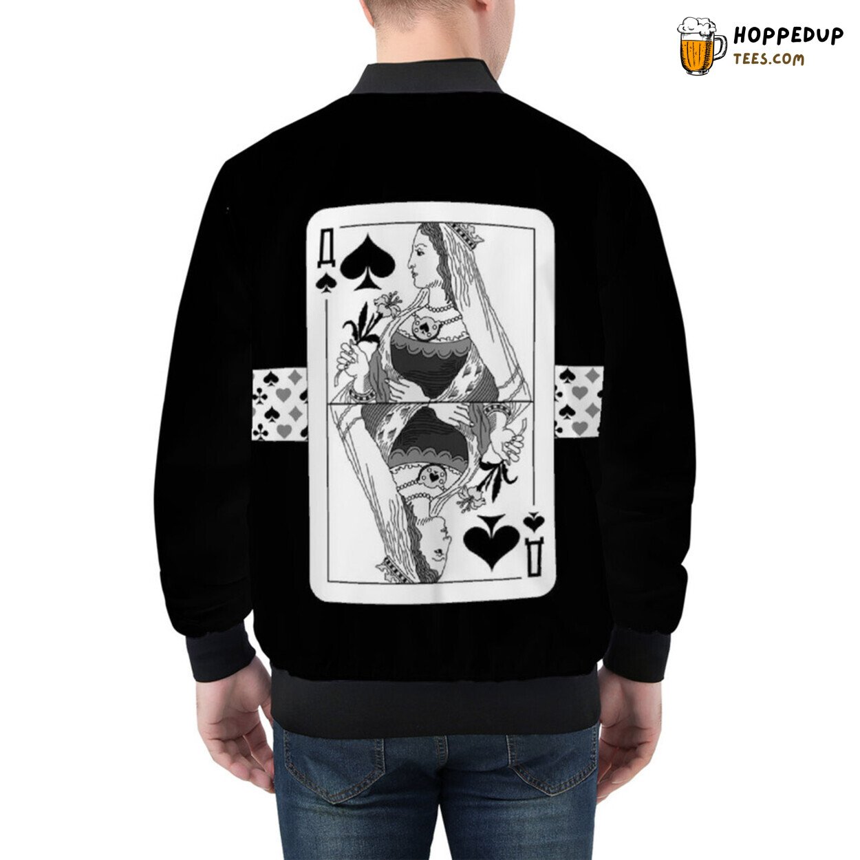 Men’s Bomber Jacket Elevates Queen of Spades Card Design Artistry
