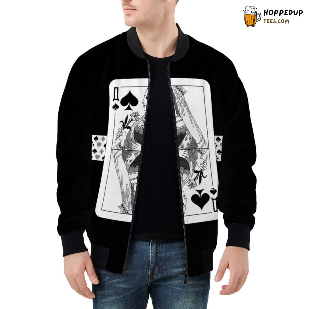 Men’s Bomber Jacket Elevates Queen of Spades Card Design Artistry