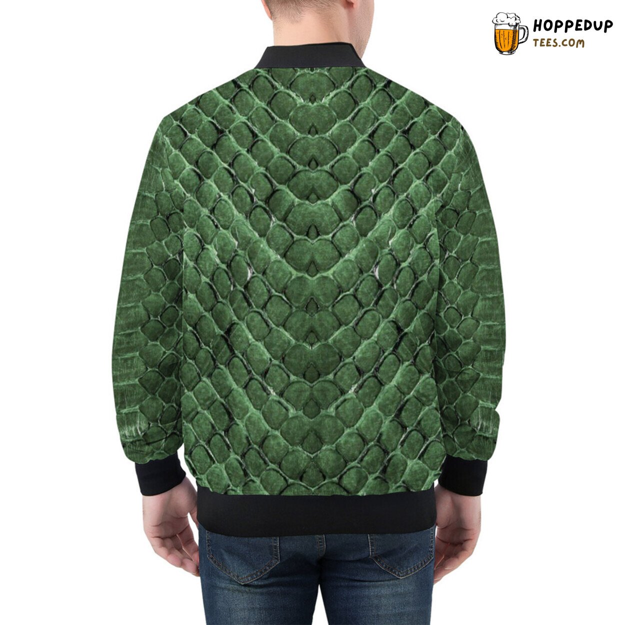 Men’s Bomber Jacket Emanates Wild Green Reptile Scale Patterns