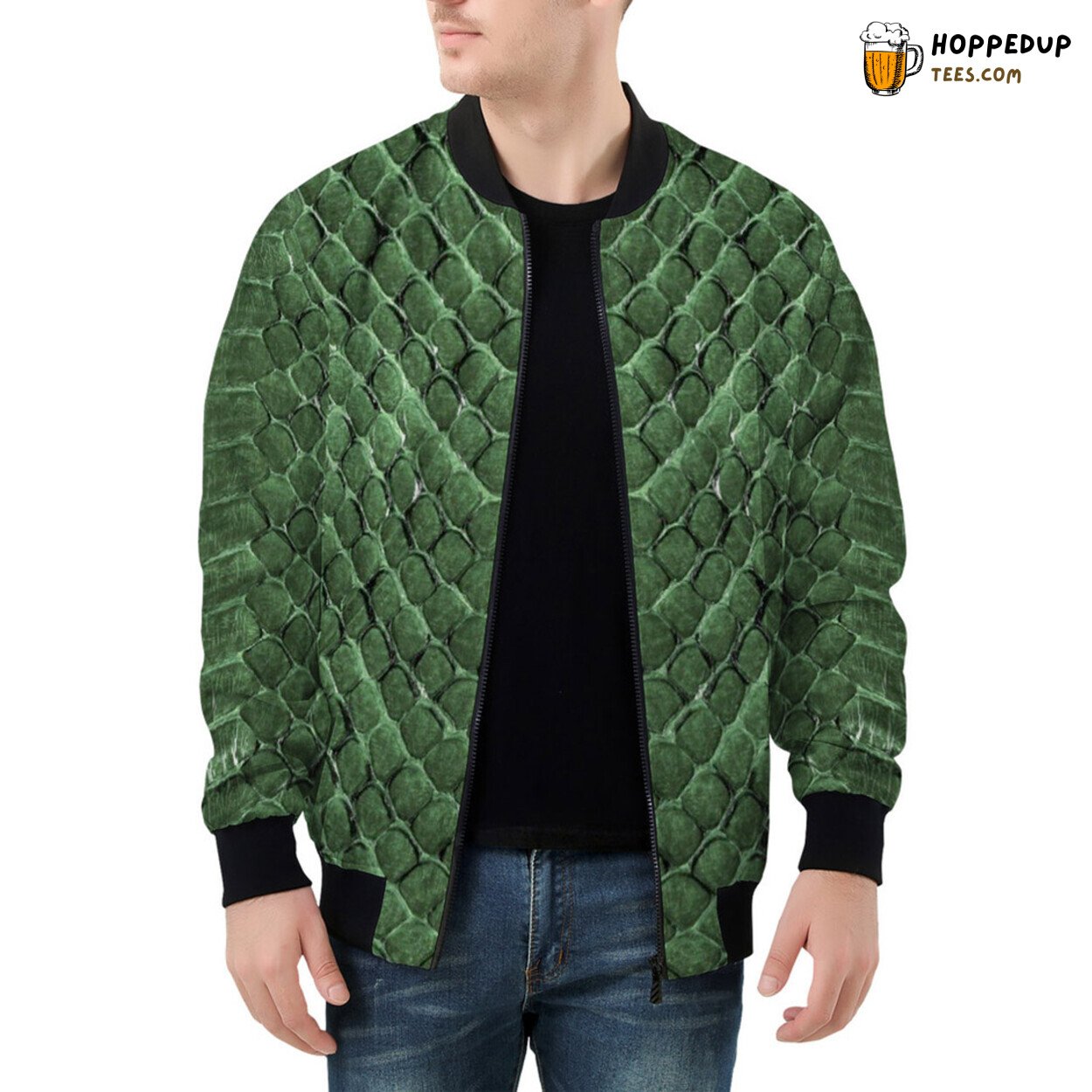 Men’s Bomber Jacket Emanates Wild Green Reptile Scale Patterns