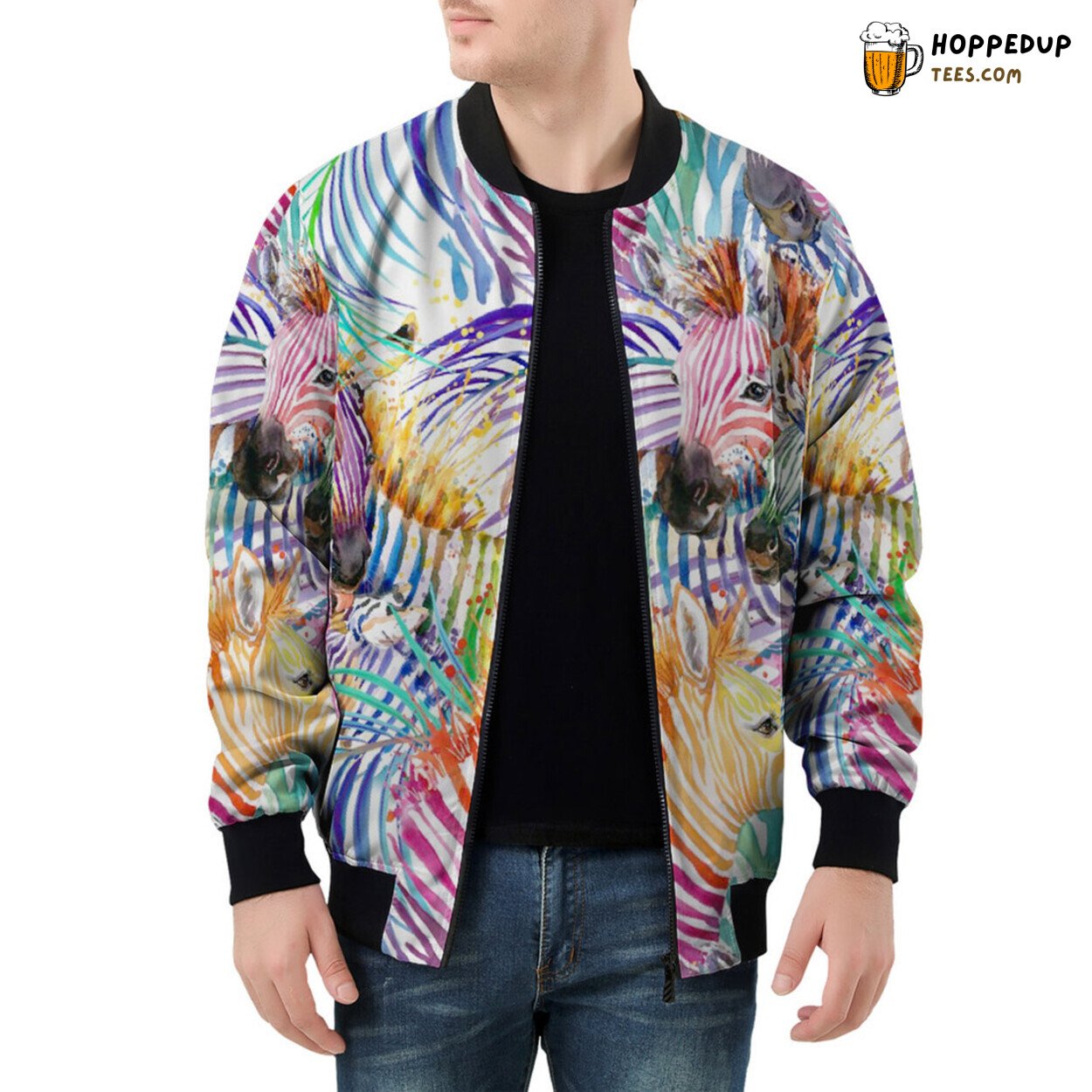 Men’s Bomber Jacket Embarks on a Watercolor Zebra Safari Adventure
