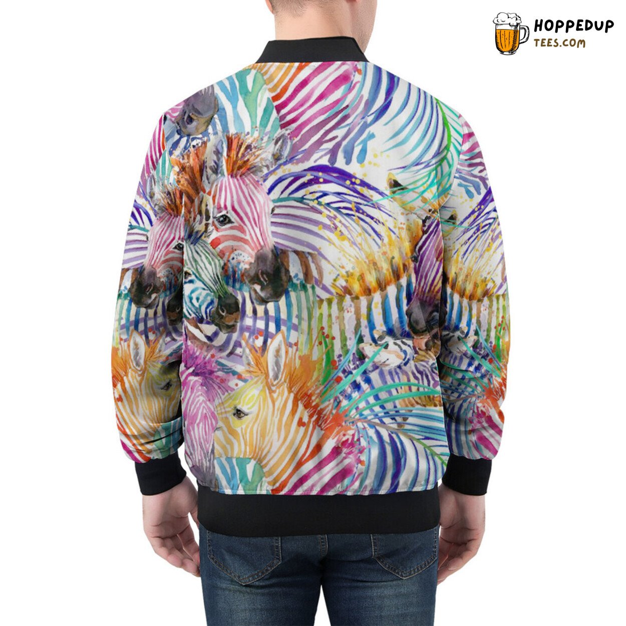 Men’s Bomber Jacket Embarks on a Watercolor Zebra Safari Adventure