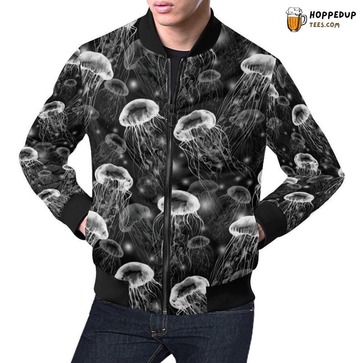 Men’s Bomber Jacket Embellished with Jellyfish Print Pattern Design