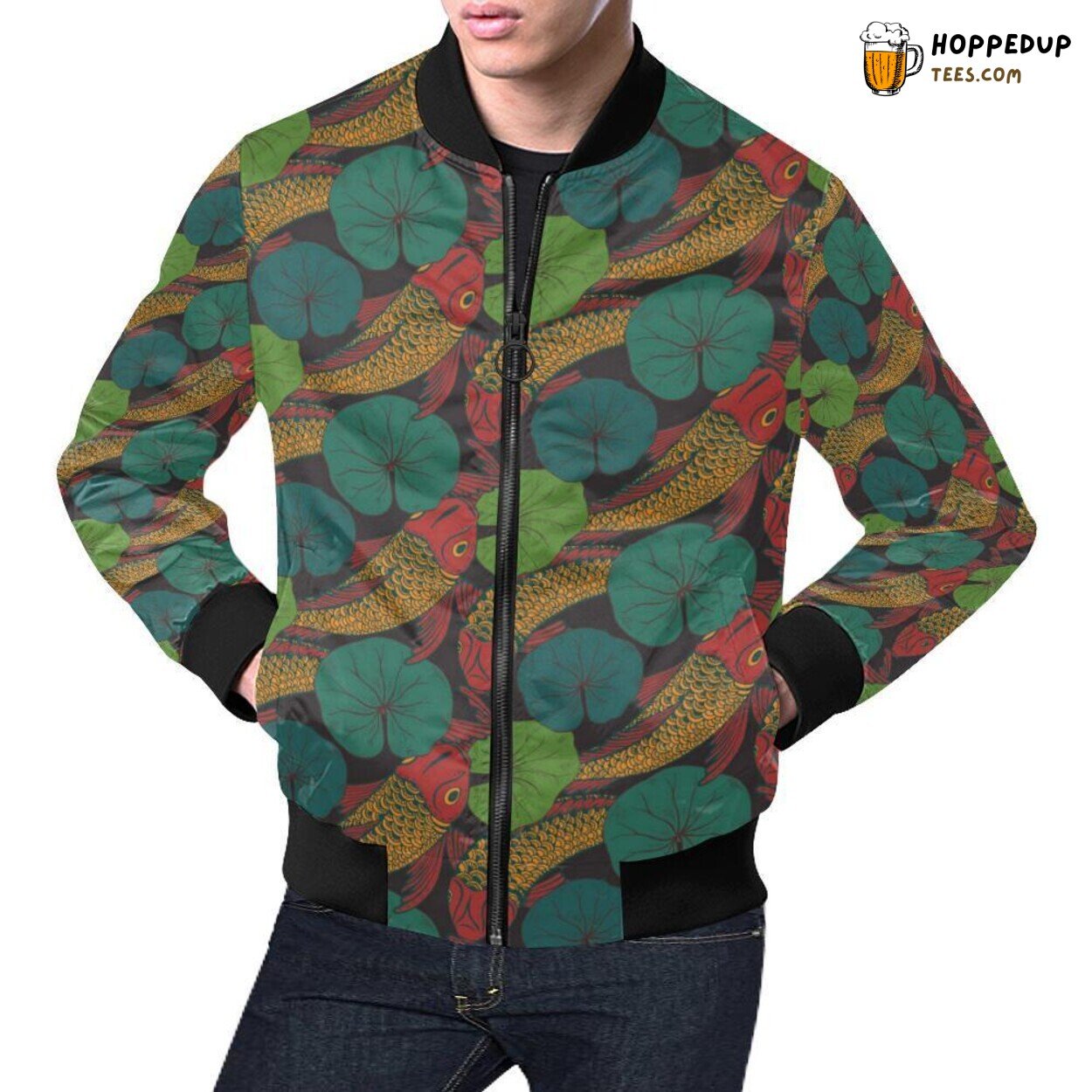Men’s Bomber Jacket Embellished with Koi Fish Pattern & Print