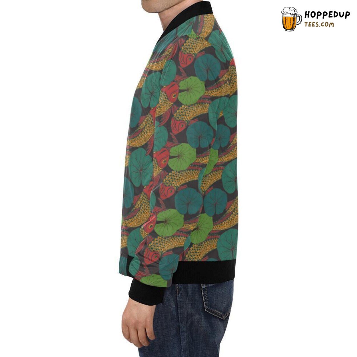 Men’s Bomber Jacket Embellished with Koi Fish Pattern & Print