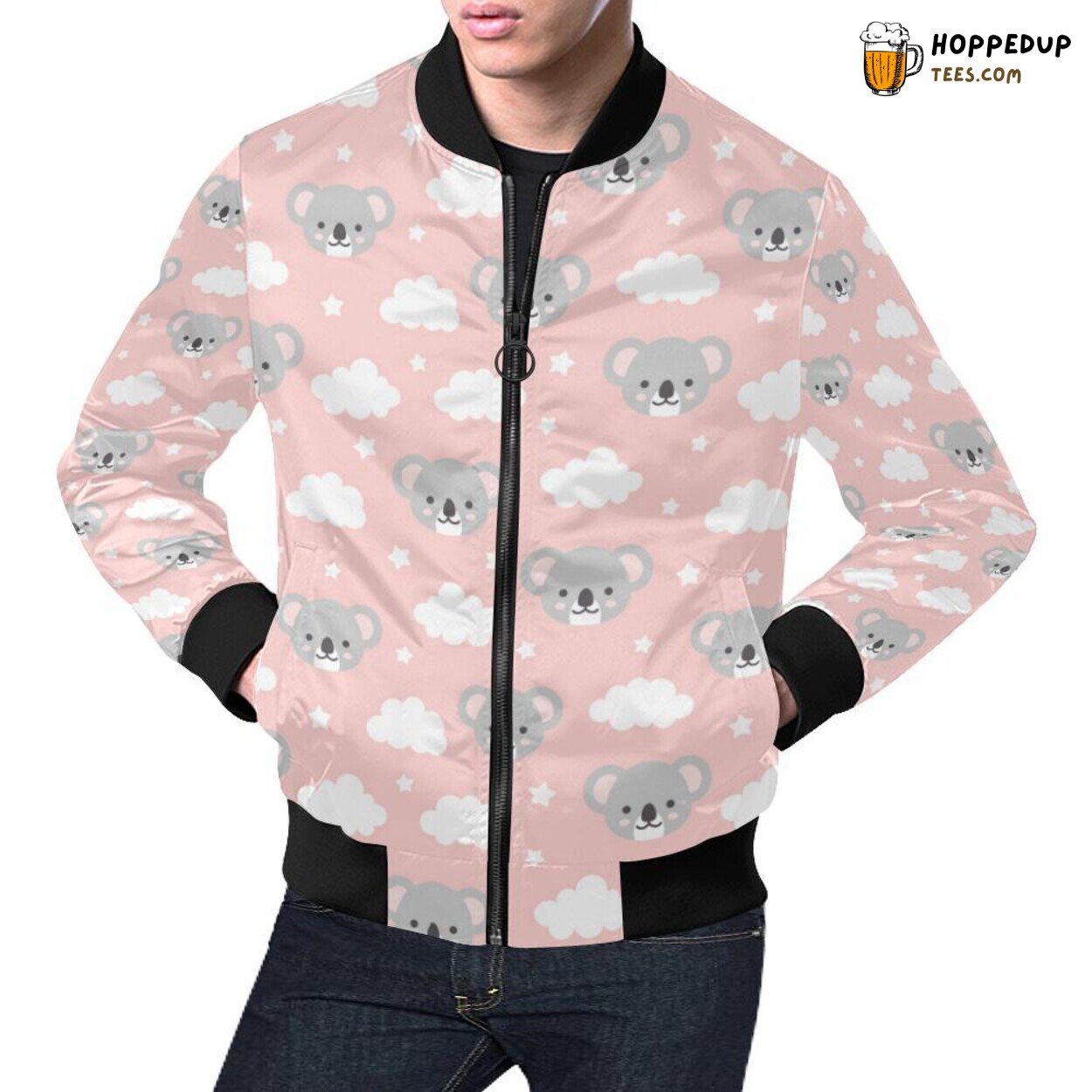 Men’s Bomber Jacket Enhanced with Pink Koala Pattern Print Design