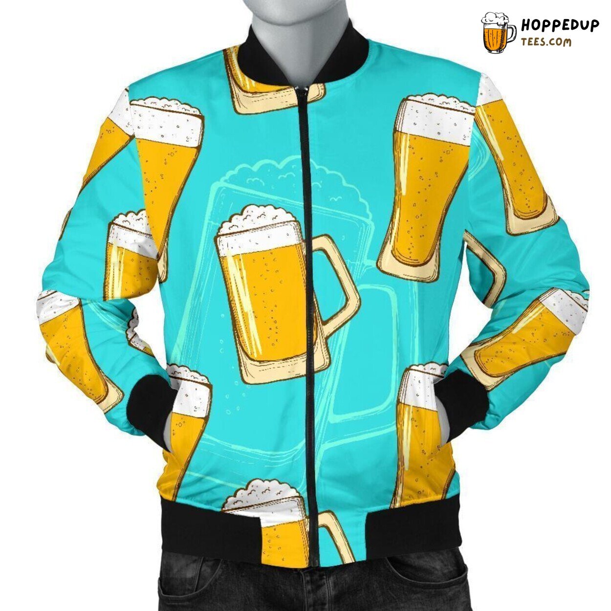 Men’s Bomber Jacket Enhanced with Unique Beer and Blue Pattern Print