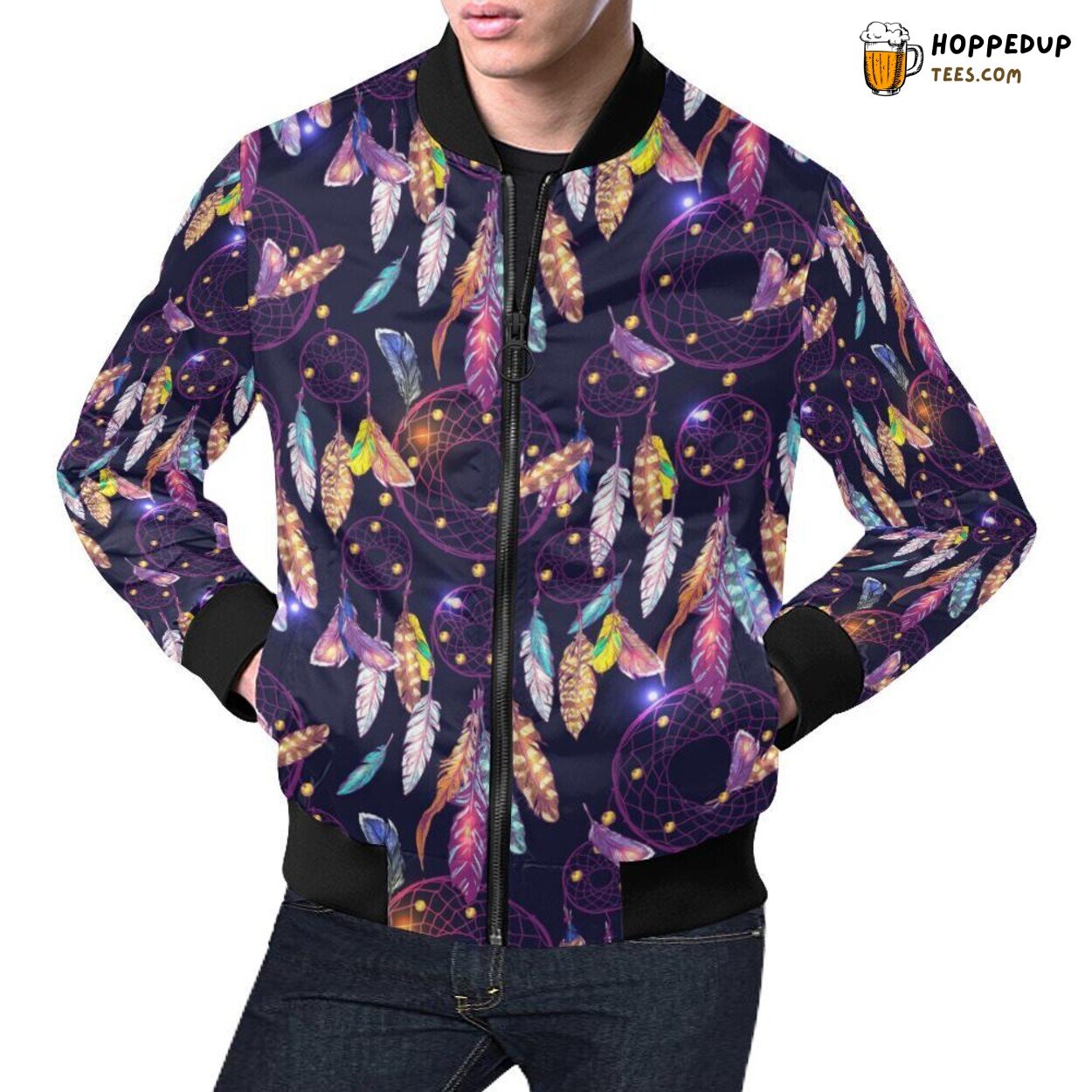 Men’s Bomber Jacket Feather Dream Catcher Vintage Designer Pattern Exclusive Print Men’s Bomber Jacket Feather Dream Catcher Vintage Designer Pattern Exclusive Print
