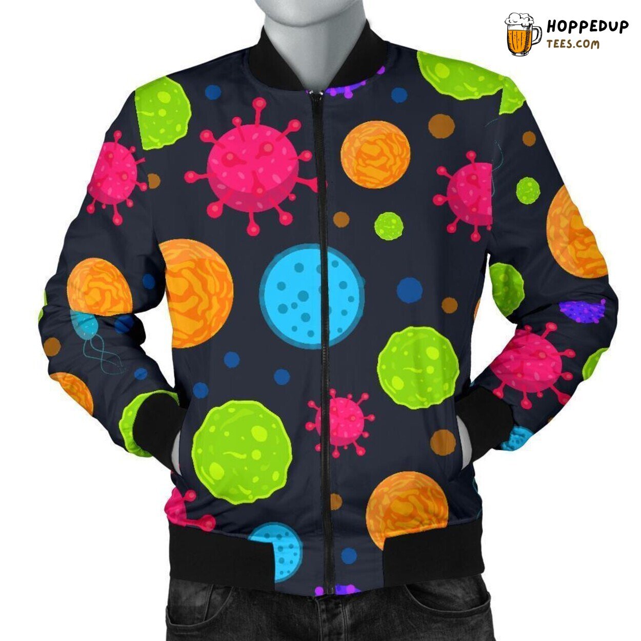 Men’s Bomber Jacket Featuring a Bacteria Virus Pattern Print