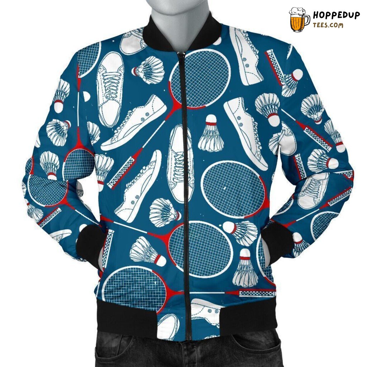 Men’s Bomber Jacket Featuring a Badminton Print Pattern Design
