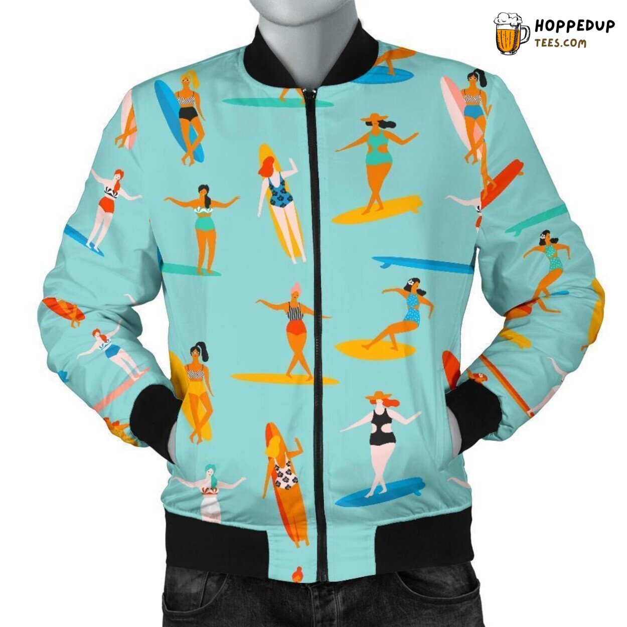 Men’s Bomber Jacket Featuring a Beach Surfing Pattern Print Design
