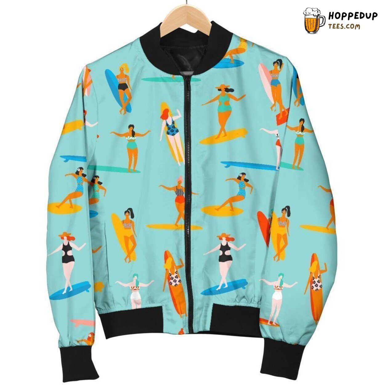 Men’s Bomber Jacket Featuring a Beach Surfing Pattern Print Design Men’s Bomber Jacket Featuring a Beach Surfing Pattern Print Design