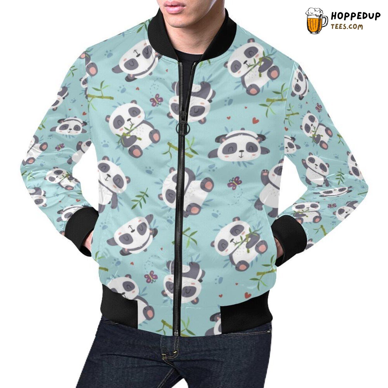 Men’s Bomber Jacket Featuring Bamboo Mint Panda Pattern Print Design