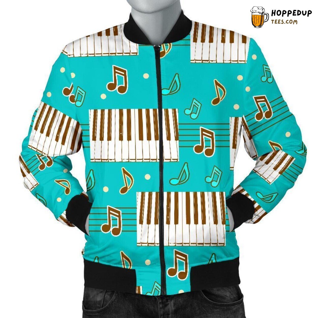 Men’s Bomber Jacket featuring Classic Piano Key Pattern Design Display