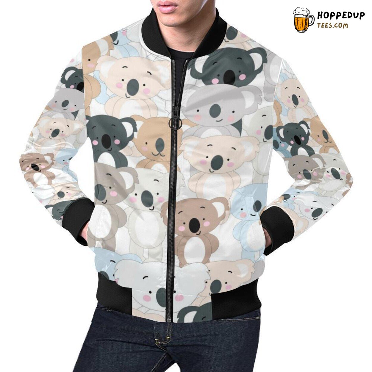 Men’s Bomber Jacket Featuring Colorful Koala Print Pattern Design