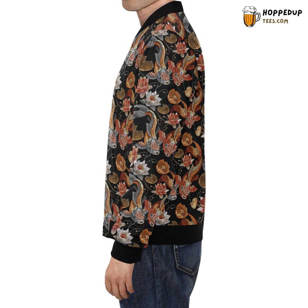 Men’s Bomber Jacket Featuring Crochet Lotus & Koi Fish Pattern Print