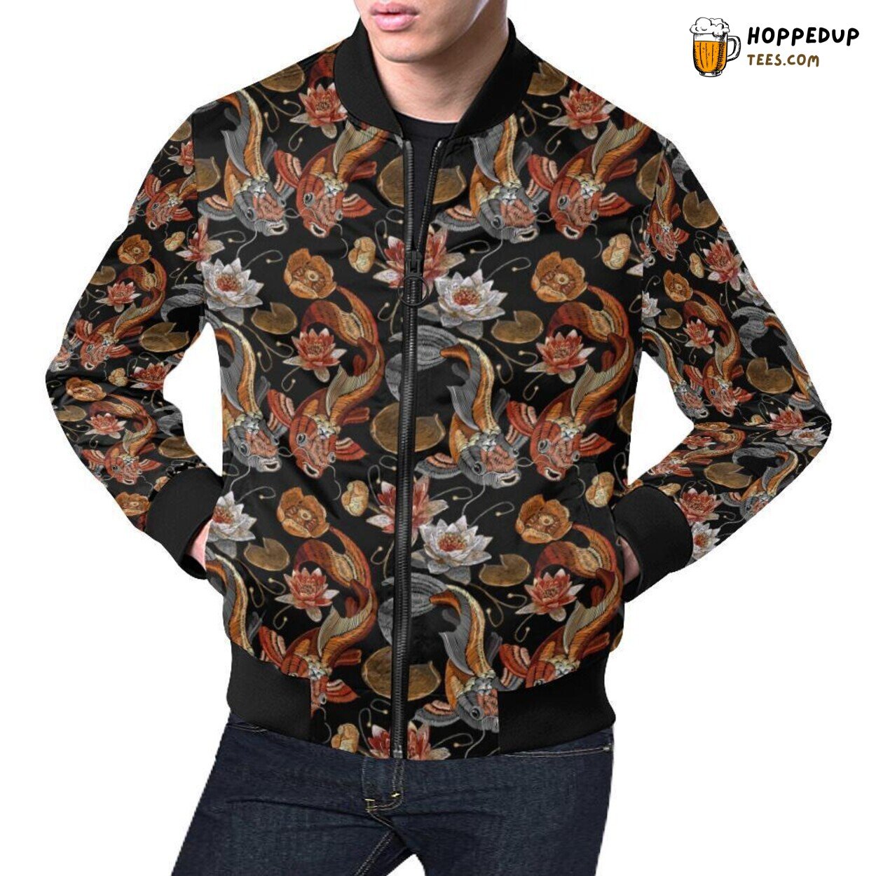 Men’s Bomber Jacket Featuring Crochet Lotus & Koi Fish Pattern Print
