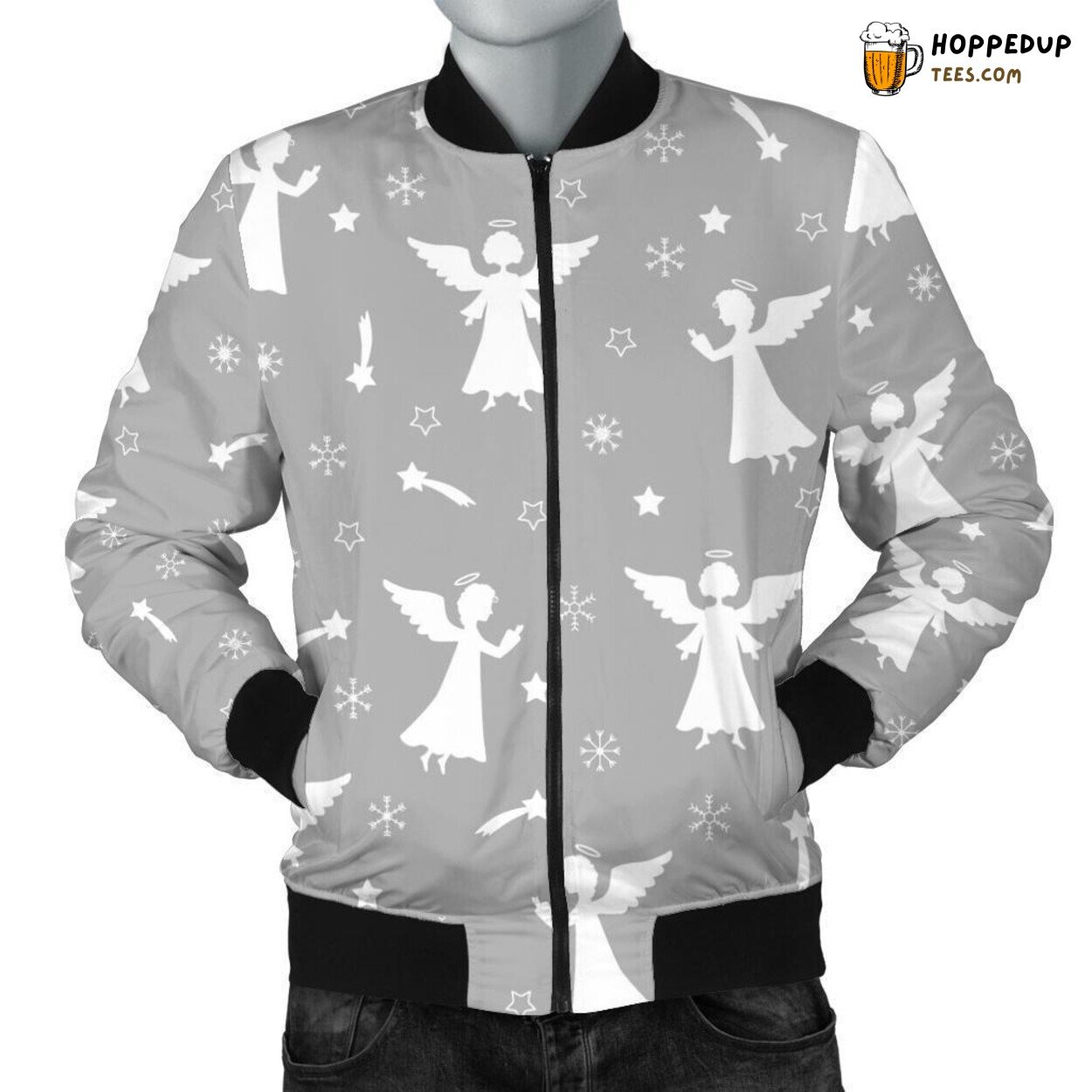 Men’s Bomber Jacket Featuring Elegant Angel Print Pattern Design