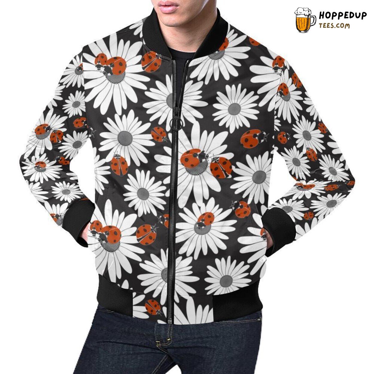 Men’s Bomber Jacket Featuring Ladybug Daisy Pattern Print Design