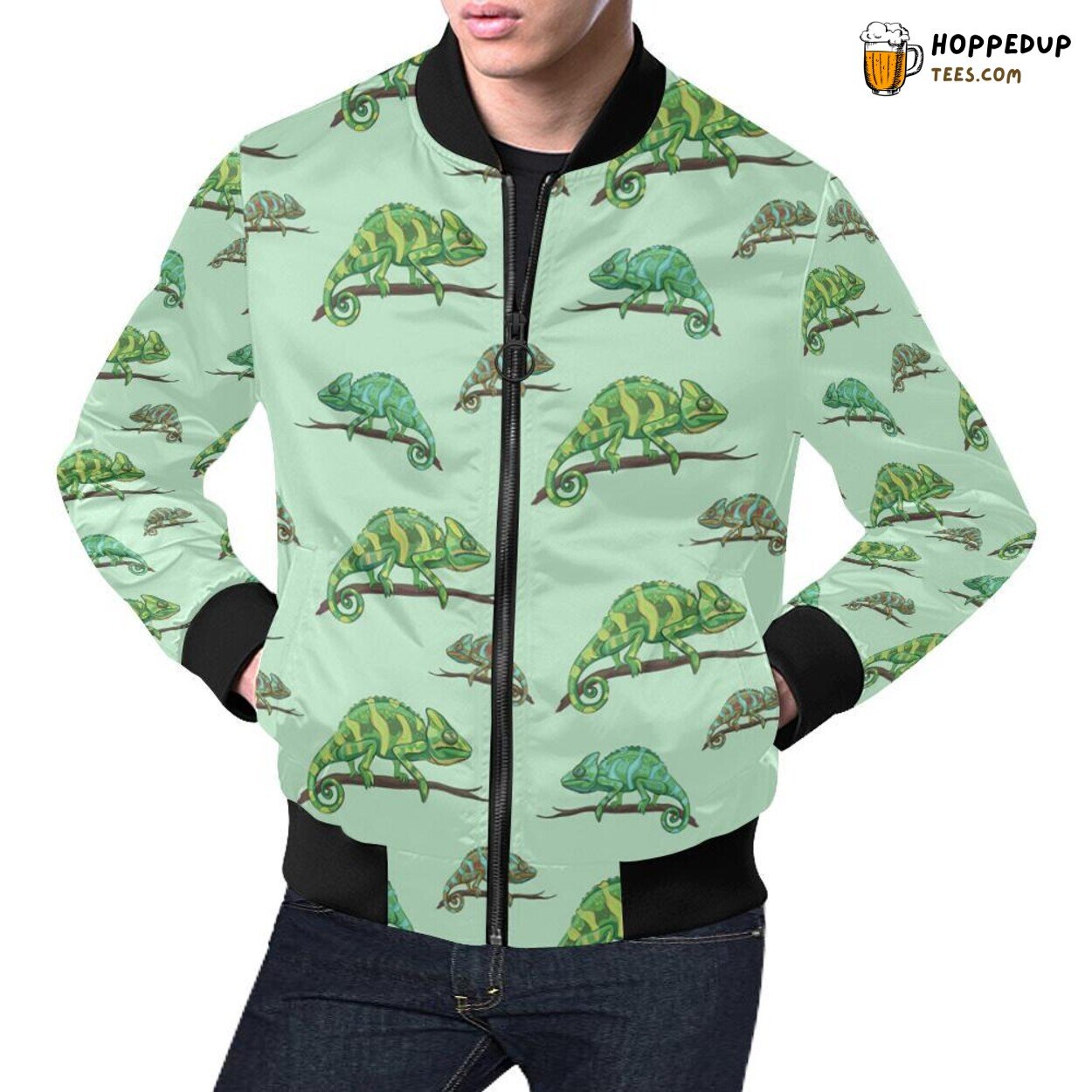 Men’s Bomber Jacket Featuring Lizard Print Pattern Design