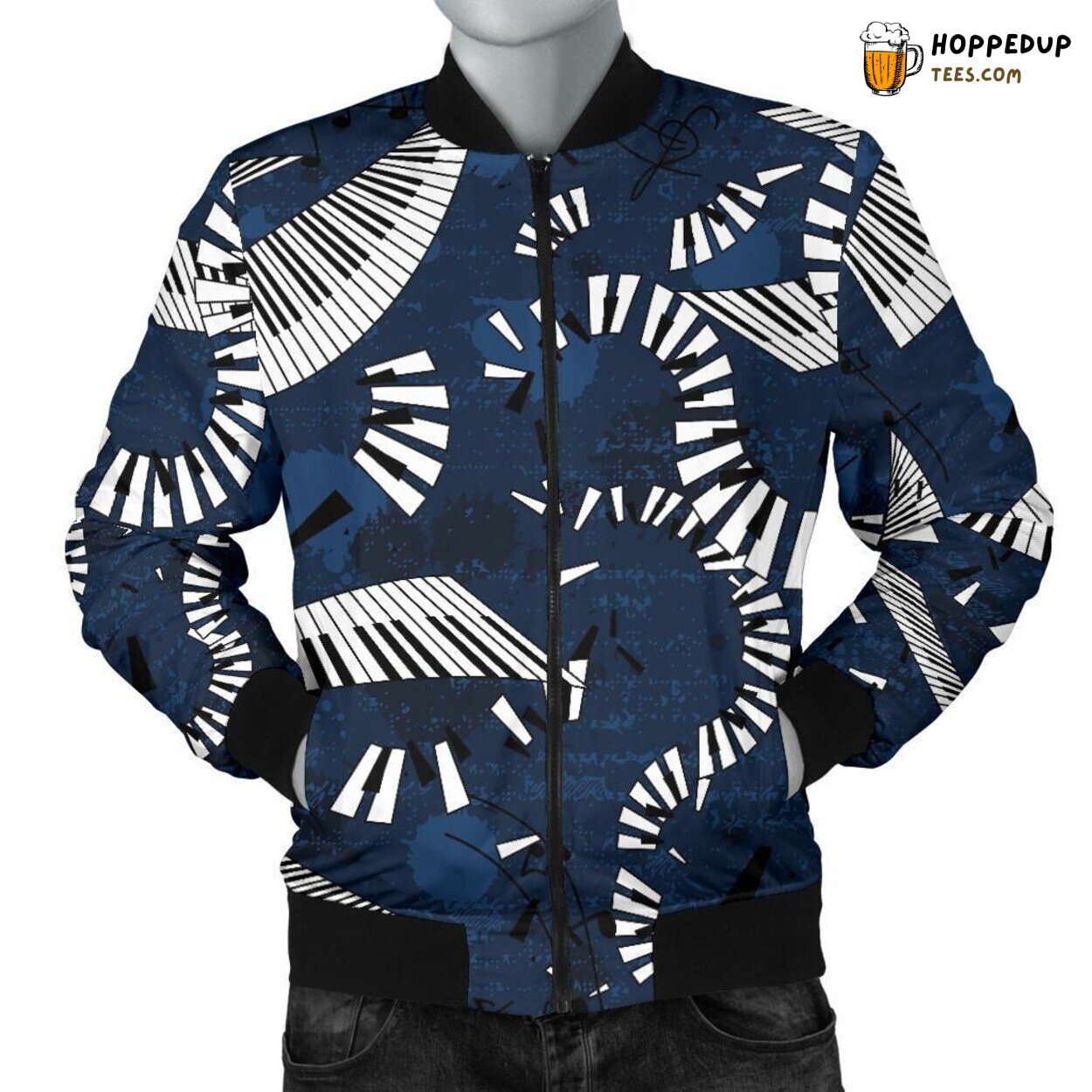 Men’s Bomber Jacket featuring Sleek Black Piano Key Pattern Design Tribute
