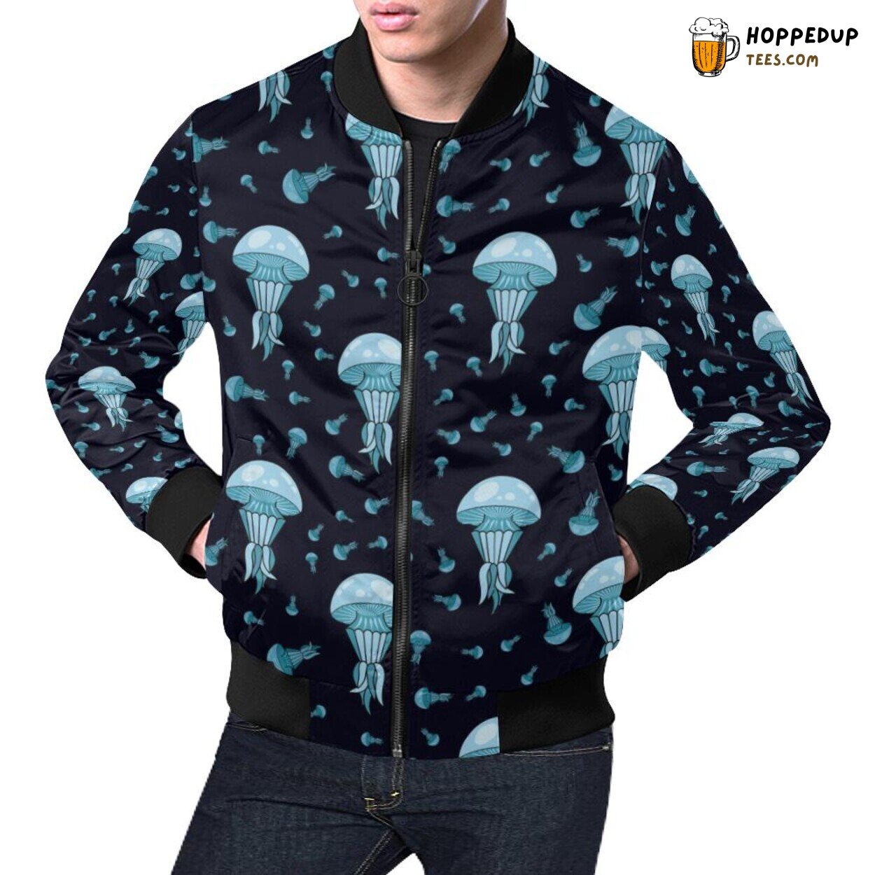 Men’s Bomber Jacket Featuring Vibrant Cartoon Jellyfish Print Pattern