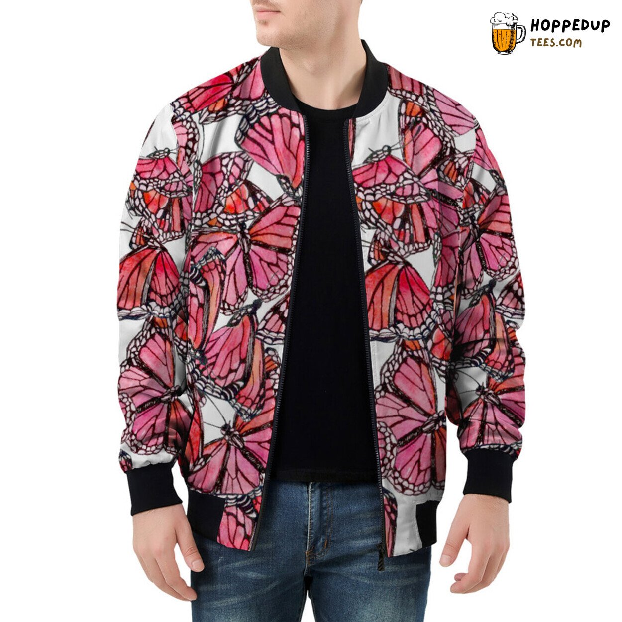 Men’s Bomber Jacket Graced by Luminous Watercolor Red Butterflies