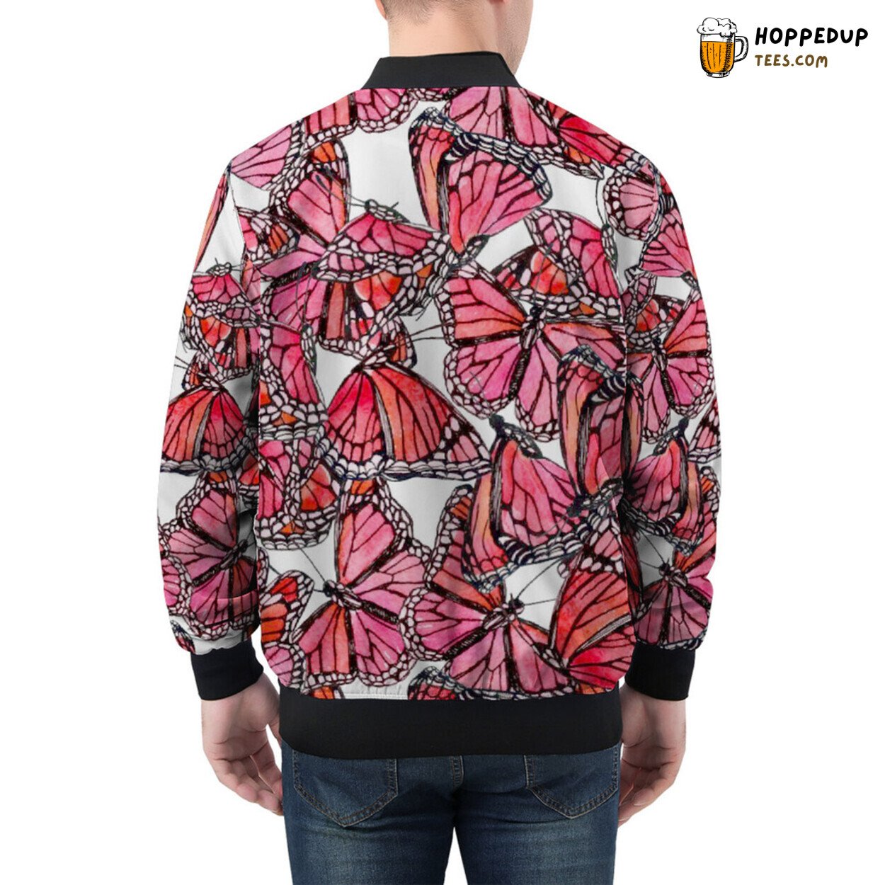 Men’s Bomber Jacket Graced by Luminous Watercolor Red Butterflies