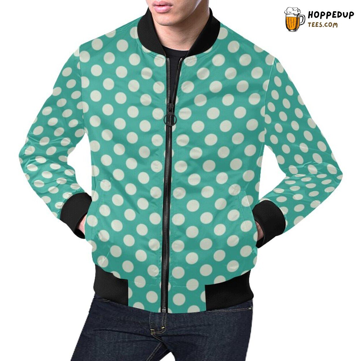 Men’s Bomber Jacket Green White Polka Dot Timeless Pattern Print