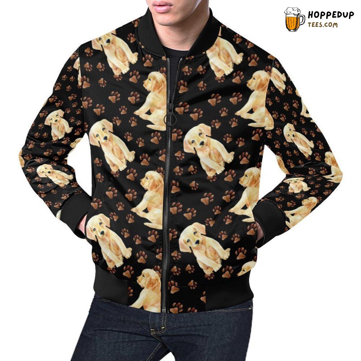 Men’s Bomber Jacket Highlighting Golden Retriever Paw Print Pattern