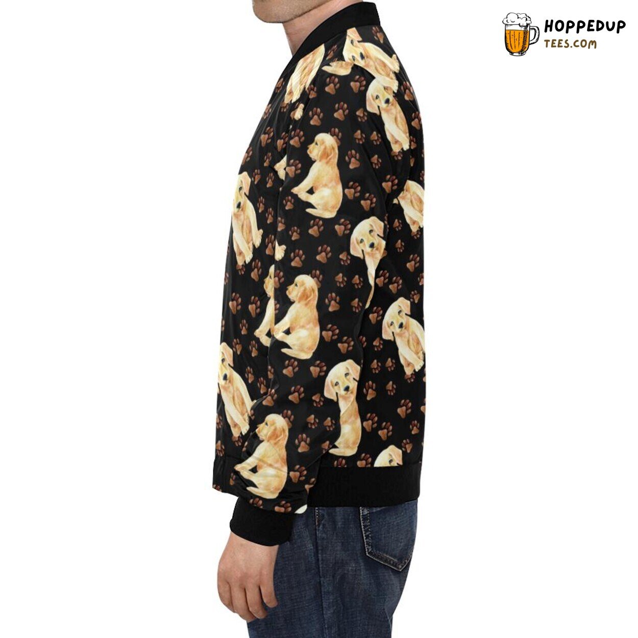Men’s Bomber Jacket Highlighting Golden Retriever Paw Print Pattern