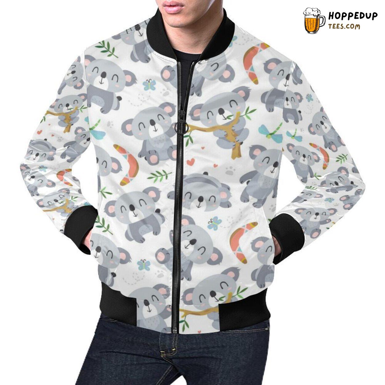 Men’s Bomber Jacket Highlighting Unique Koala Print Pattern Design