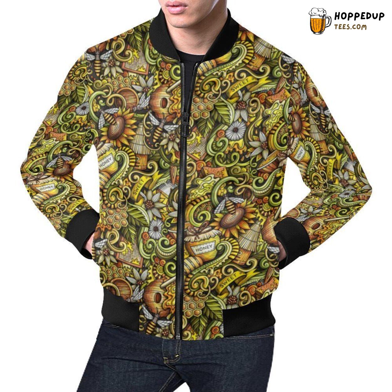 Men’s Bomber Jacket Honey Bee Psychedelic Gifts Pattern Print Men’s Bomber Jacket Honey Bee Psychedelic Gifts Pattern Print