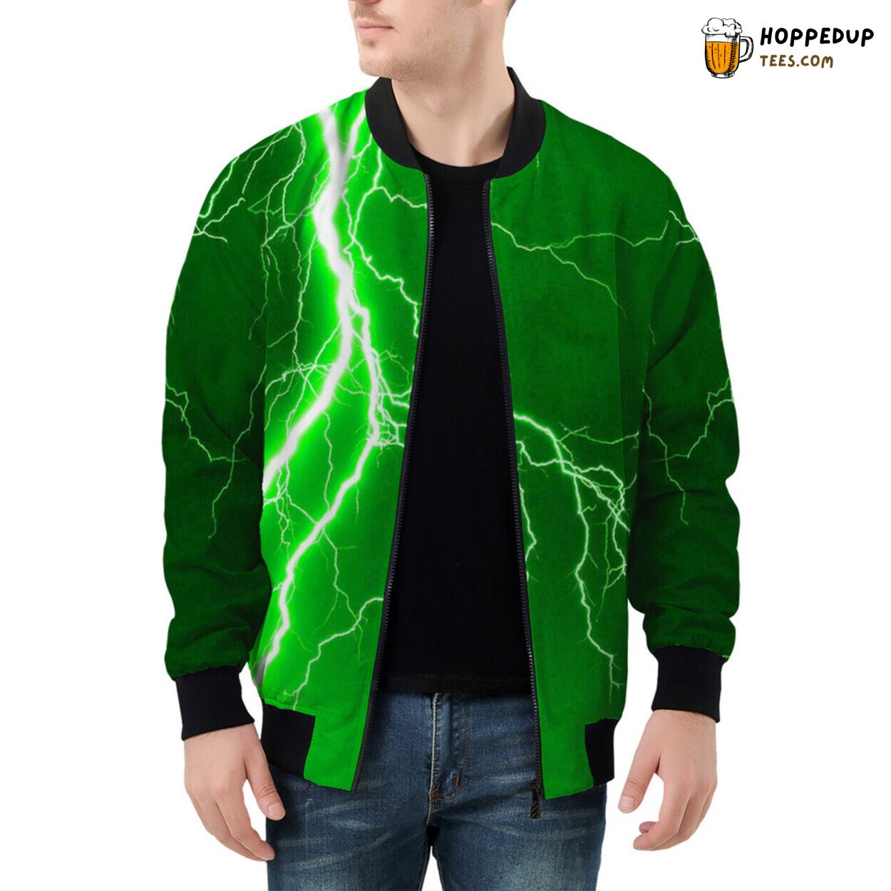 Men’s Bomber Jacket Illuminated by Vivid Green Lightning Strikes