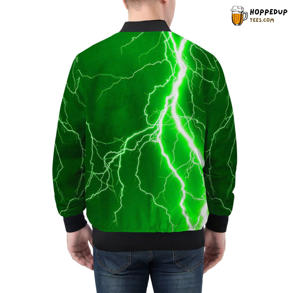 Men’s Bomber Jacket Illuminated by Vivid Green Lightning Strikes