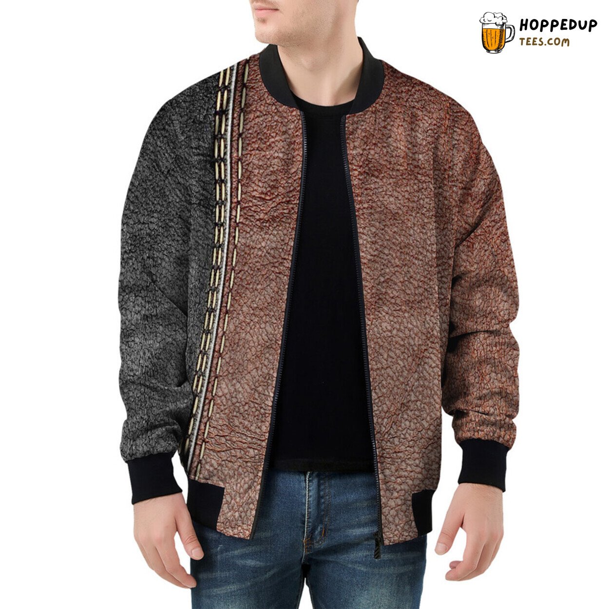 Men’s Bomber Jacket Immersed in Striped Leather Aesthetic Textures Men’s Bomber Jacket Immersed in Striped Leather Aesthetic Textures