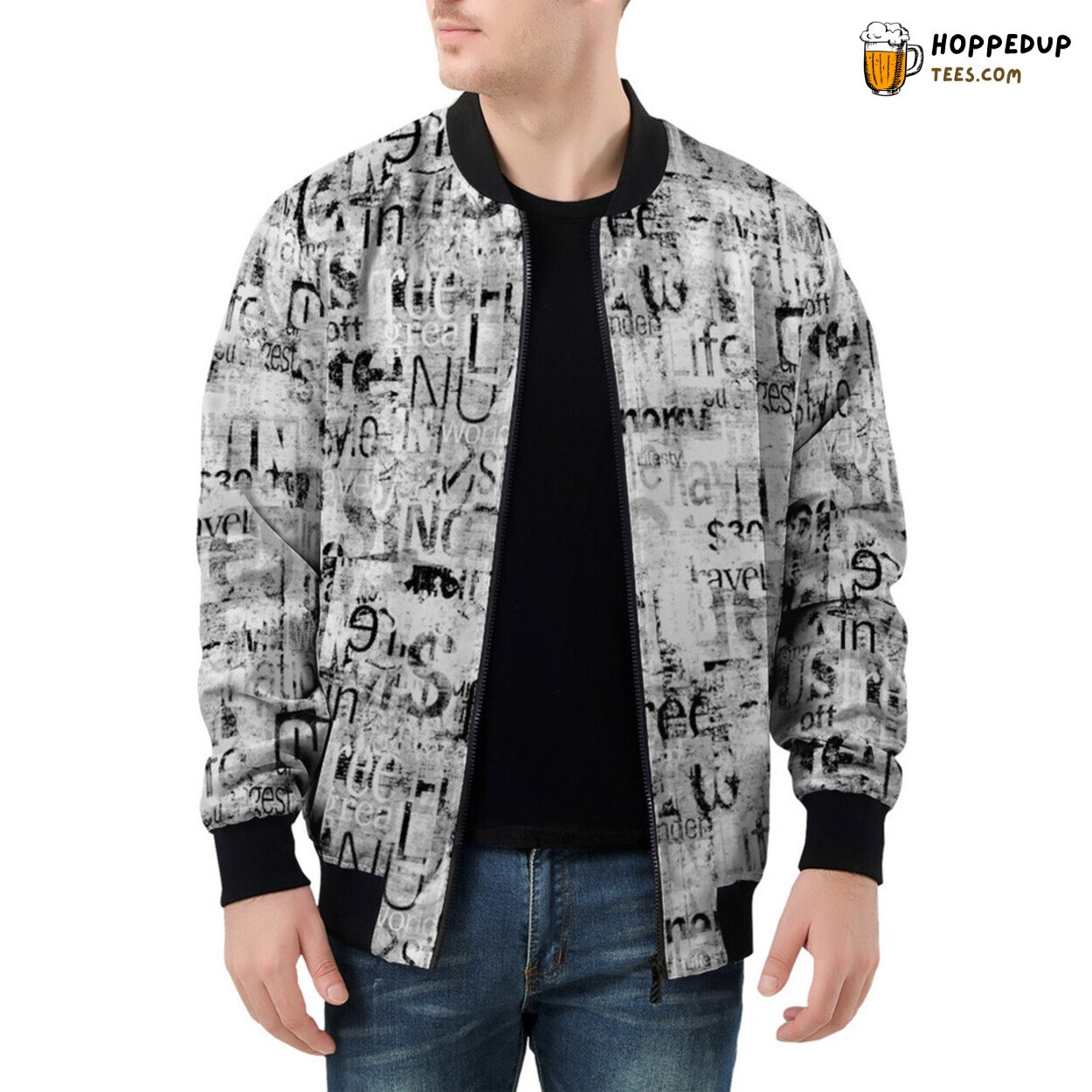 Men’s Bomber Jacket Immersed in the Essence of Vintage Newspaper