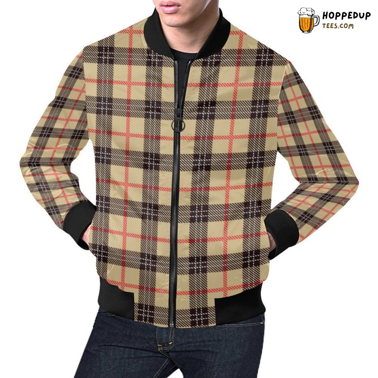 Men’s Bomber Jacket in Beige Tartan Plaid Scottish Authentic Style