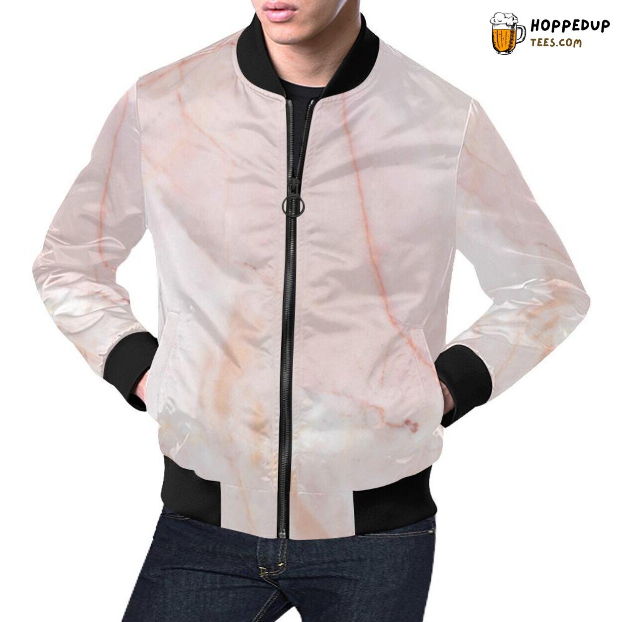 Men’s Bomber Jacket in Chic Pink Marble Pattern Print Design