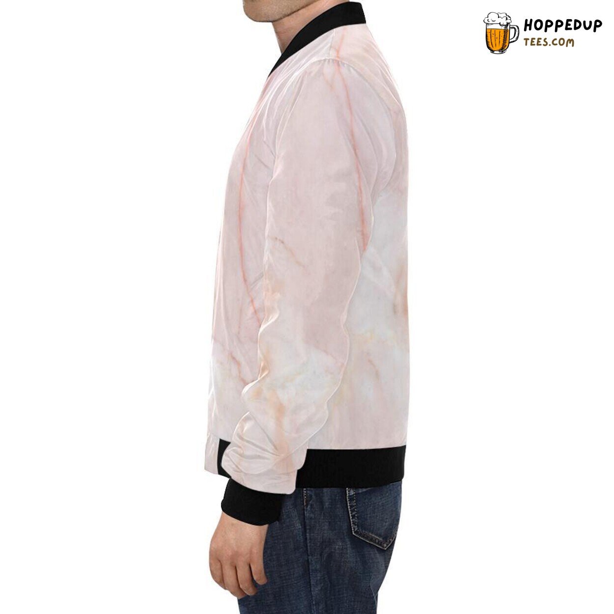 Men’s Bomber Jacket in Chic Pink Marble Pattern Print Design