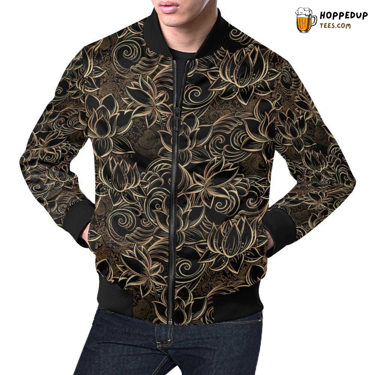 Men’s Bomber Jacket in Golden Lotus Pattern Print Design Theme